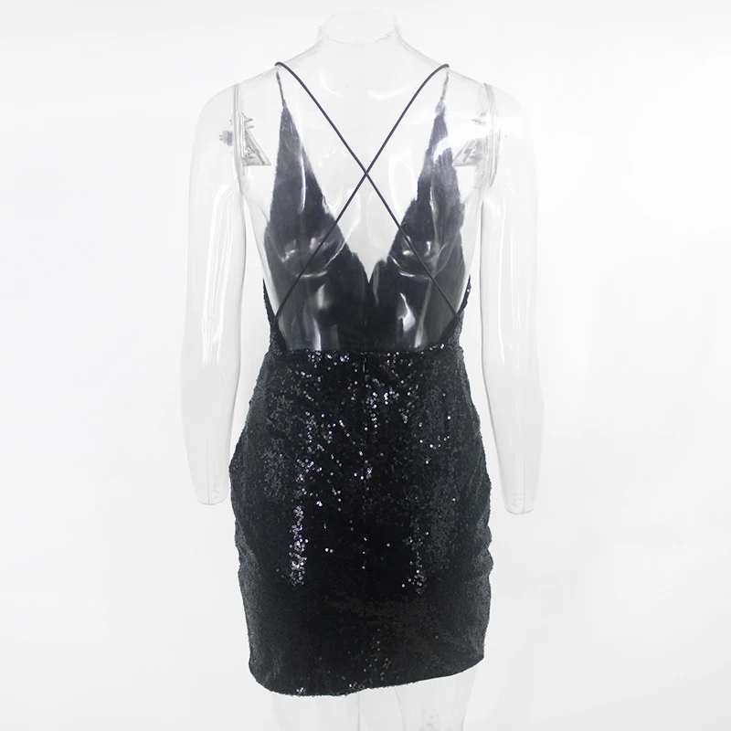 DRESSMECB Летние черные блесток Сексуальная Bodycon Платье Для женщин с низким вырезом на спине для ночного клуба вечерние платье блестящие Элегантные мини платье Vestidos