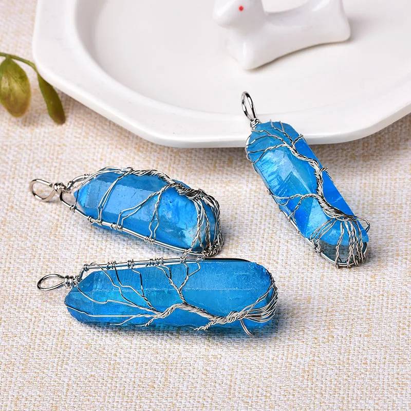 

1PC Fashion Natural Aquamarine Tree Of Life Pendant Reiki Healing Stone Amulet For Couples Jewelry Necklace Christmas Love Gift