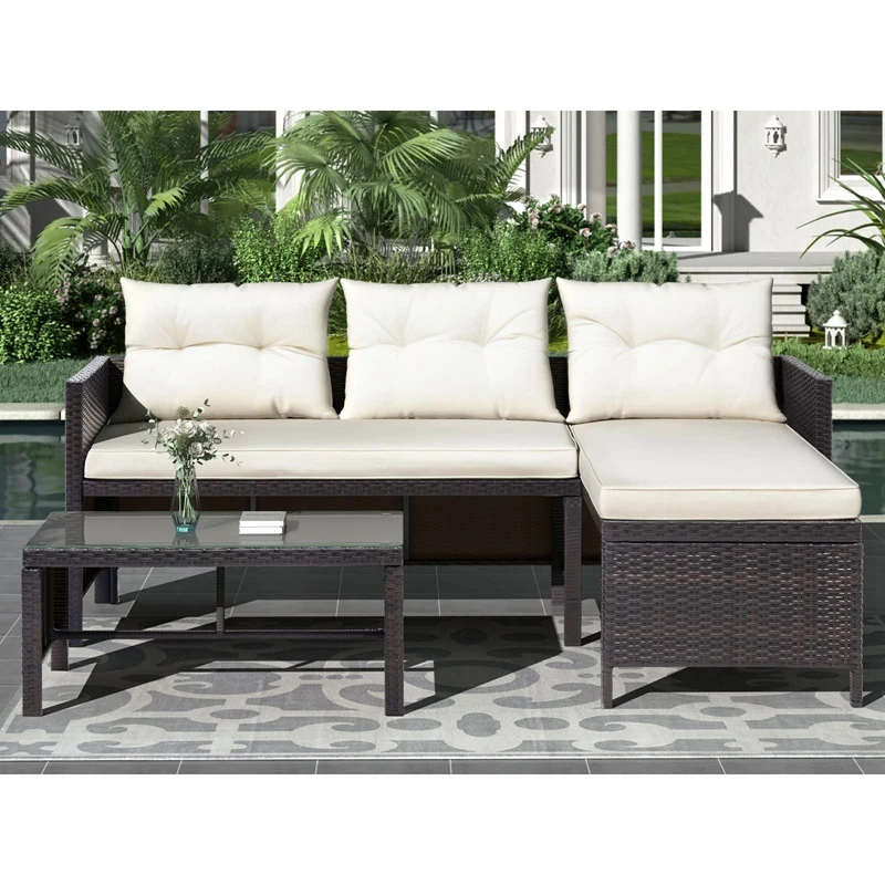 

3 PCS Outdoor Rattan Furniture With Cushions Sofa Set