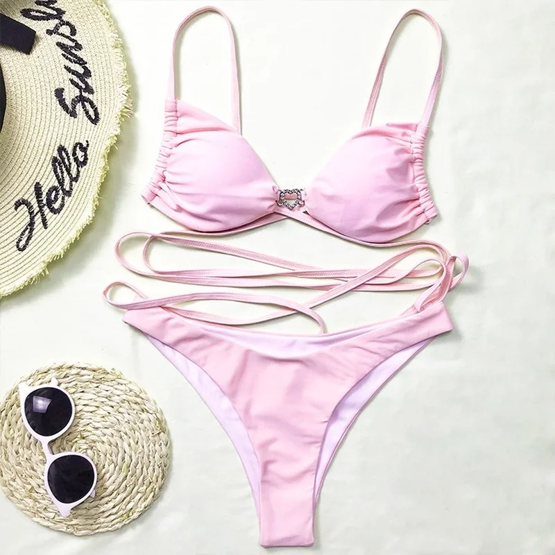 

2021 New Heart Buckle Bandage Bikini Swimsuit Fashion Sexy 2 Piece Sets Women Wire Free Solid Polyester
