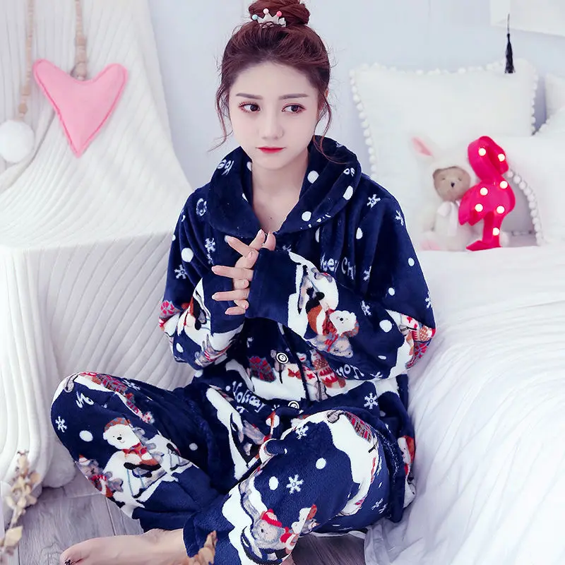 

Christmas Pyjamas Women Winter/Autumn Pajamas Set Long Coat Pant Flannel Loose Size Sexy Home Warm 2019 Sleepwear 2Piece/Set