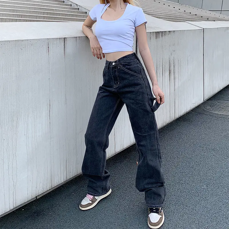 

2021 new smoky grey elegant BF retro casual high waist wide leg straight tube loose jeans for women [to be delivered within 10