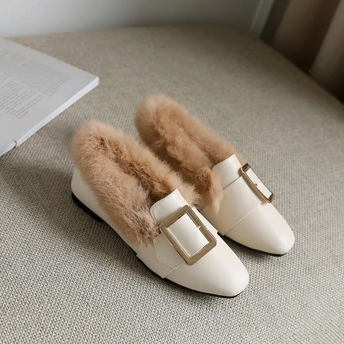 Beige-2 Г. Осенне-зимняя Повседневная Удобная Кожаная обувь на плоской подошве с квадратным носком теплая плюшевая обувь на меху Женская бархатная обувь - Цвет: Beige-2