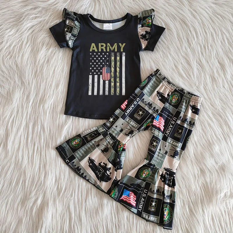 

wholesale infant children fashionable boutique Outfit clothes Baby Girls short sleeve top bell-bottomed pants matching sets
