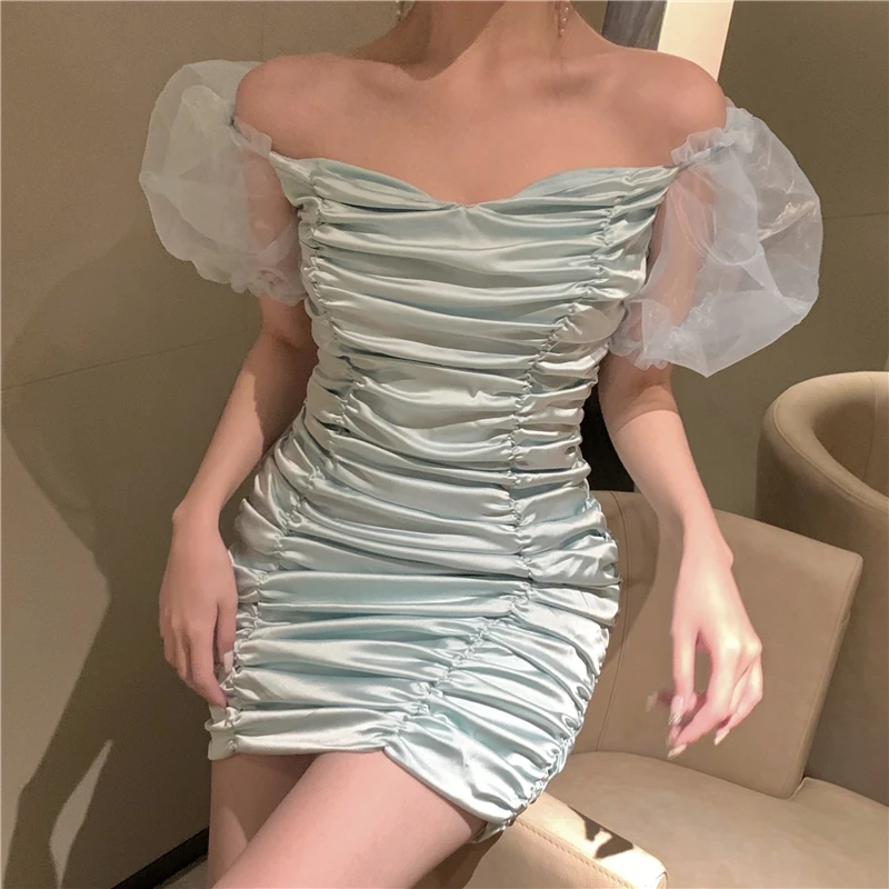 

Summer Women Mini Short Sexy Pleated Satin Patchwork Mesh Puff Sleeve Party Dress YOU226