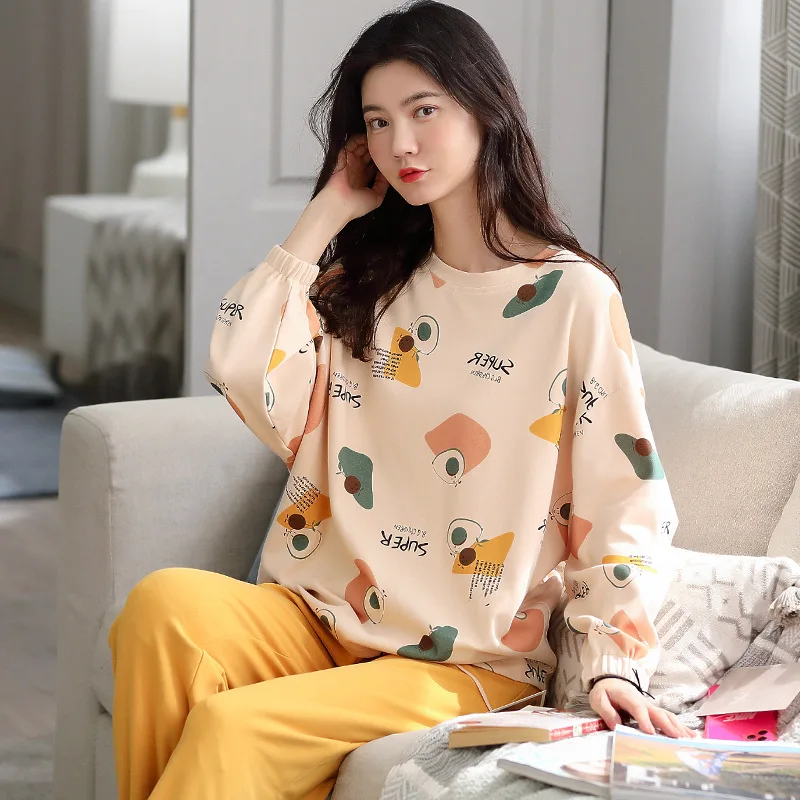 

New Style Pajamas Set for Women Spring and Autumn Cotton Long-sleeved Long Pants Girl Home Clothes Loose Pullover Cotton Pajamas