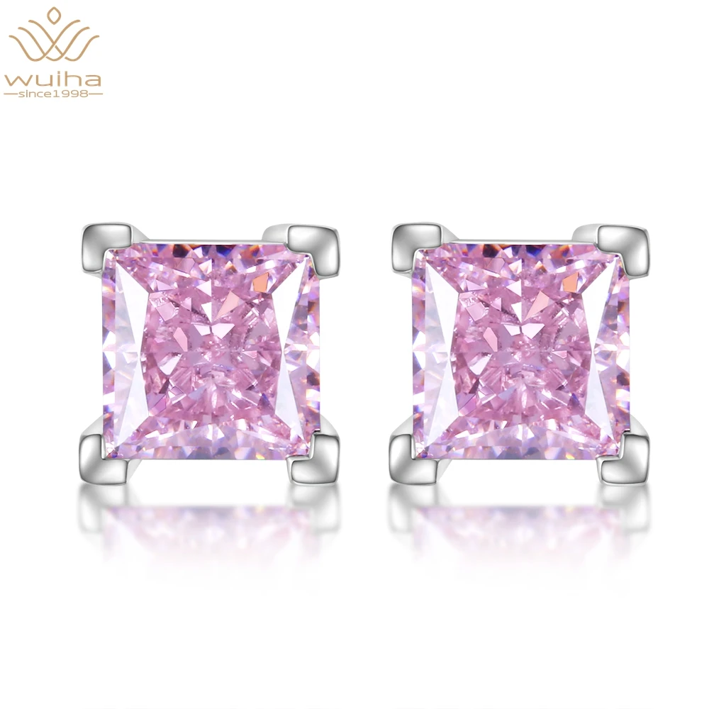 

WUIHA Classic Solid 925 Sterling Silver Princess Cut 6*6MM Pink Created Moissanite Diamond Wedding Studs Earrings Fine Jewelry