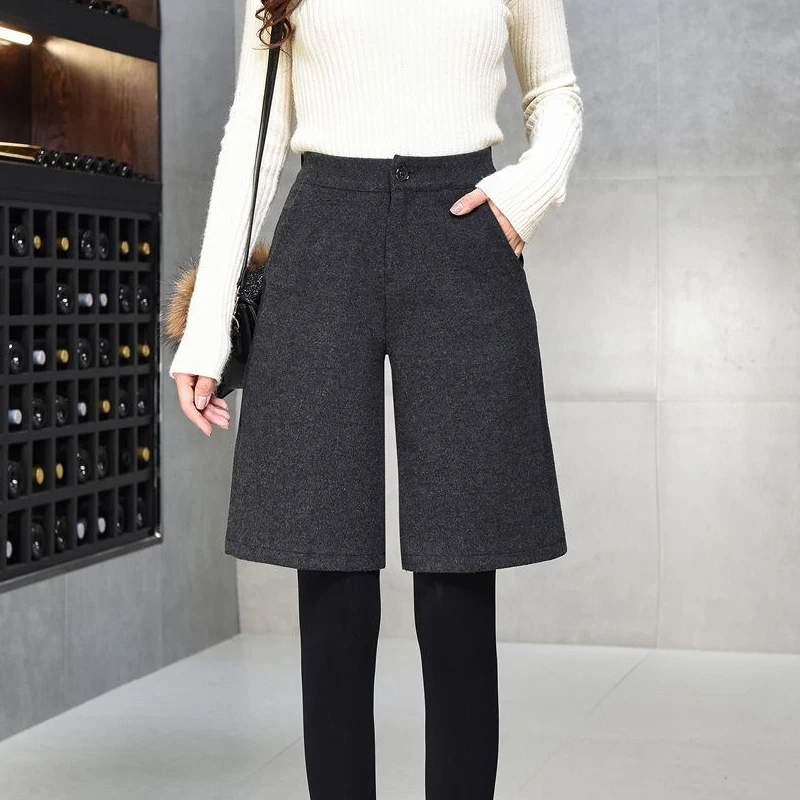 

Knee Length Winter Autumn High Waist Wool Shorts Women Loose Elegant Wide Leg Short Pants Ladies Office Work Pocket Thick Shorts