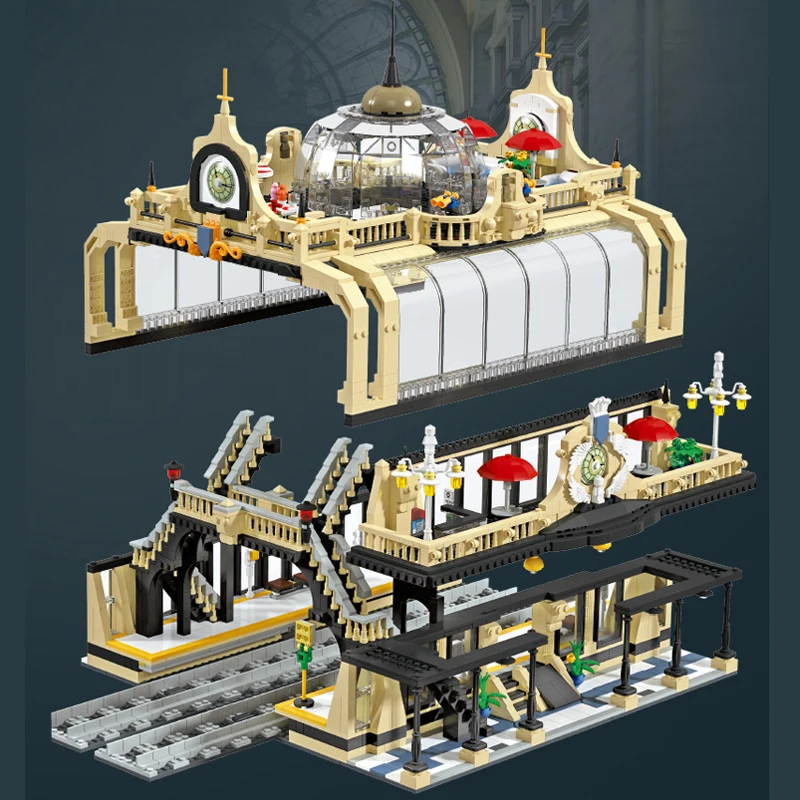 

MOC City 3950pcs European Street View Railway Station Building Blocks Assembled Bricks Sets Creator Architecture toys for kids