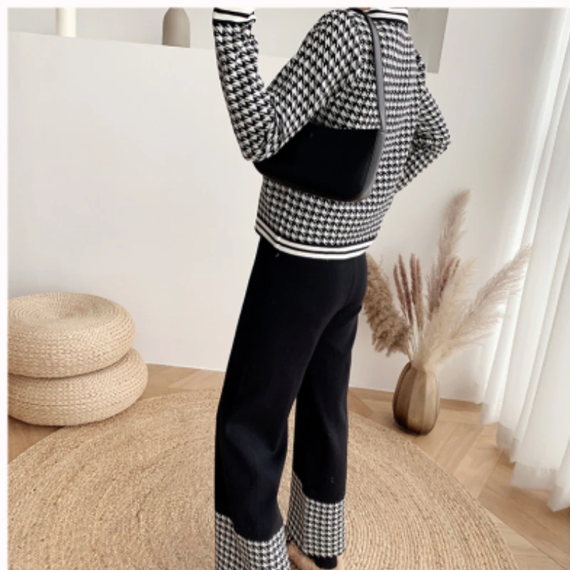 

2-Piece Houndstooth Sweater Set Spring and Autumn Women's Korean Cardigan + High Waist Wide Leg Pants Outfit Fashion Casual