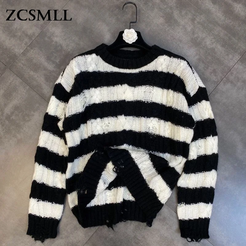 

ZCSMLL 2021 Autumn and Winter Loose Striped Women Pullover Round Neck Long-sleeved Contrast Striped Distressed Sweater
