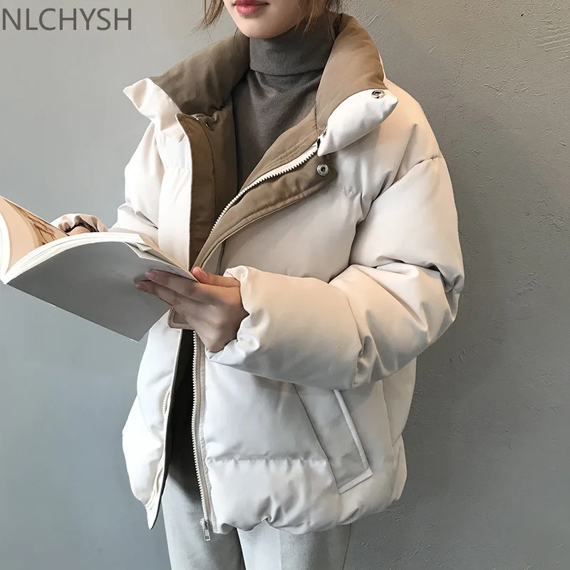 

2021 Women's Winter Jacket Streetwear Polyester Zipper Straight 3 Solid Color Padded Coat Warm Femme Parka Black Women Clothing