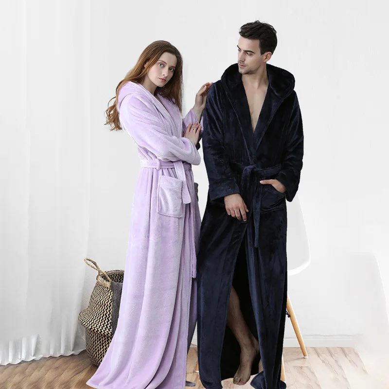 Flannel Bathrobe Nightgown Couple Autumn and Winter Fashion Hooded Cardigan Thickening and Lengthening Home Pajamas