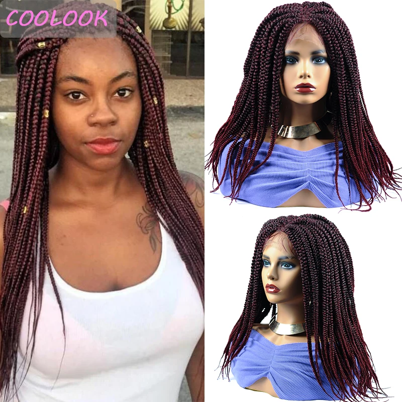 18''burgundy Box Braids Lace Front Wigs for Black Women Synthetic Ombre Red Box Braided Lace Wig Heat Resistant Fibre False Hair