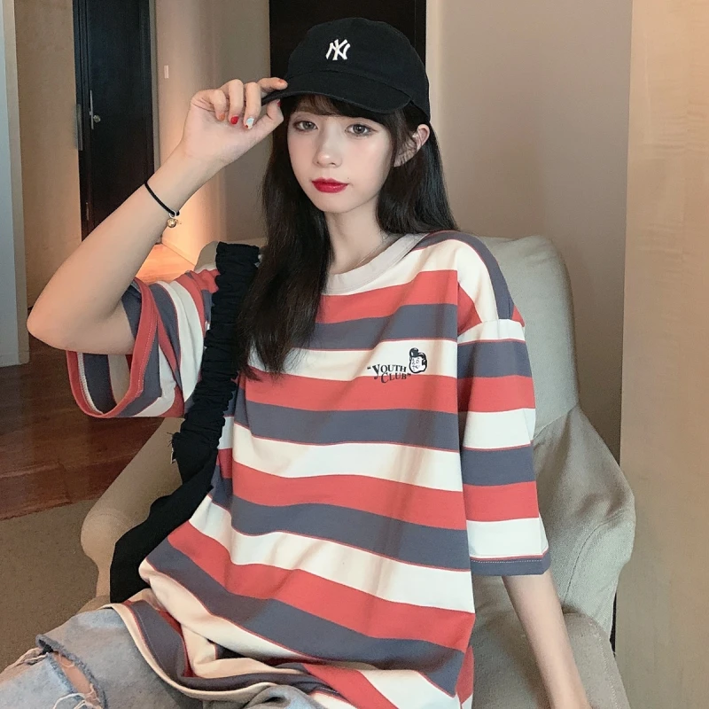 

2021 Летний Топ для женщин с принтом в полоску с круглым вырезом; Футболка с короткими рукавами футболка свободного кроя женские свободные и т...