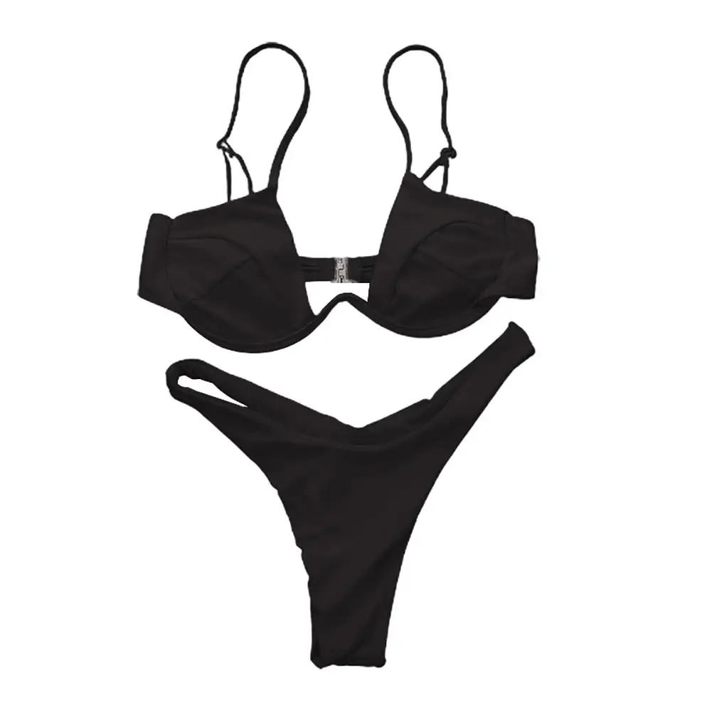 

Women's Swimming Suit 2021 Sexy Women Solid Color Swimsuit Underwired Bra G-string Briefs Beach Bikini Set