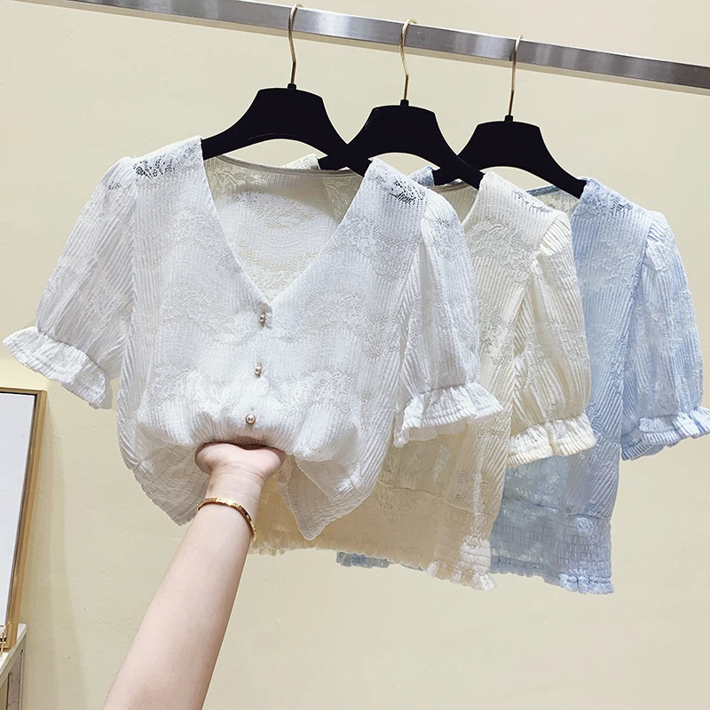 

2021 новый корейский вариант, женское платье с v-образным воротом, летний топ с короткими рукавами, кружевные туфли на высоком, с тонкой талией,...