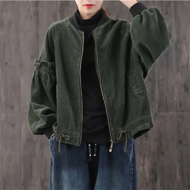 

Loose Large Size Autumn Corduroy Jacket Female Fungus Lanterns Sleeves Casual Strips Velvet Corduroy Shirt Coat Women Fashion Gr