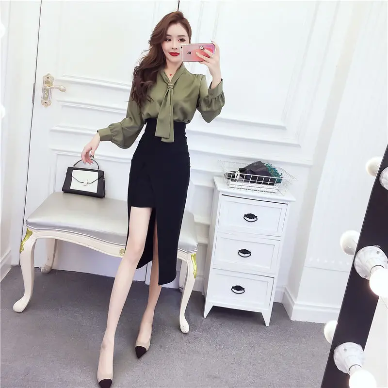 

Women 2021 Spring Fashion Two-piece Suits Female Long Sleeve Bow Shirts Ladies High Waist Slim Split Package Hip Skirt Sets E354