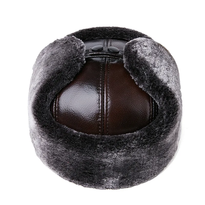Ushanka Men Winter Thick Warm Outdoor Earmuff Cotton Cap Old Man Genuine Cow Leather Cowhide Warm Fur Hat