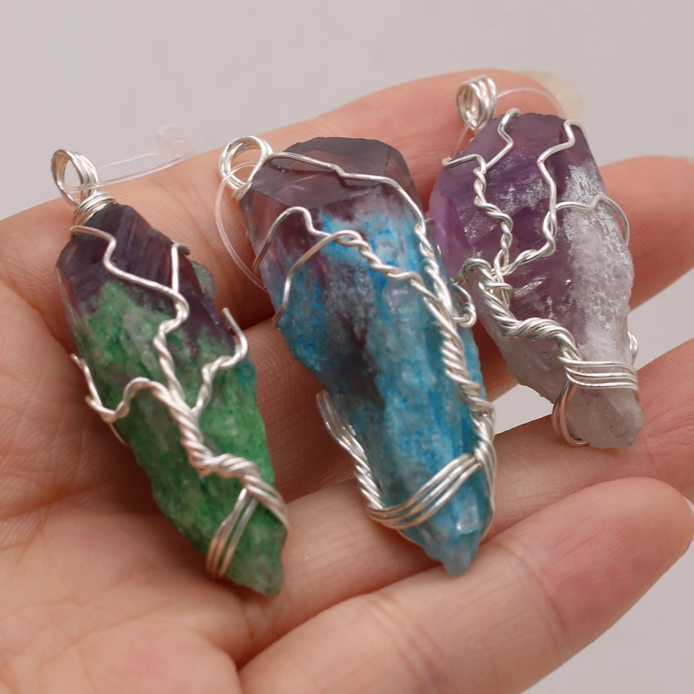 

Natural Semi-precious Stone Irregular Crystal Buds Winding Silver Thread Multicolor Gradient Pendant MakingDIY Necklace Jewelry