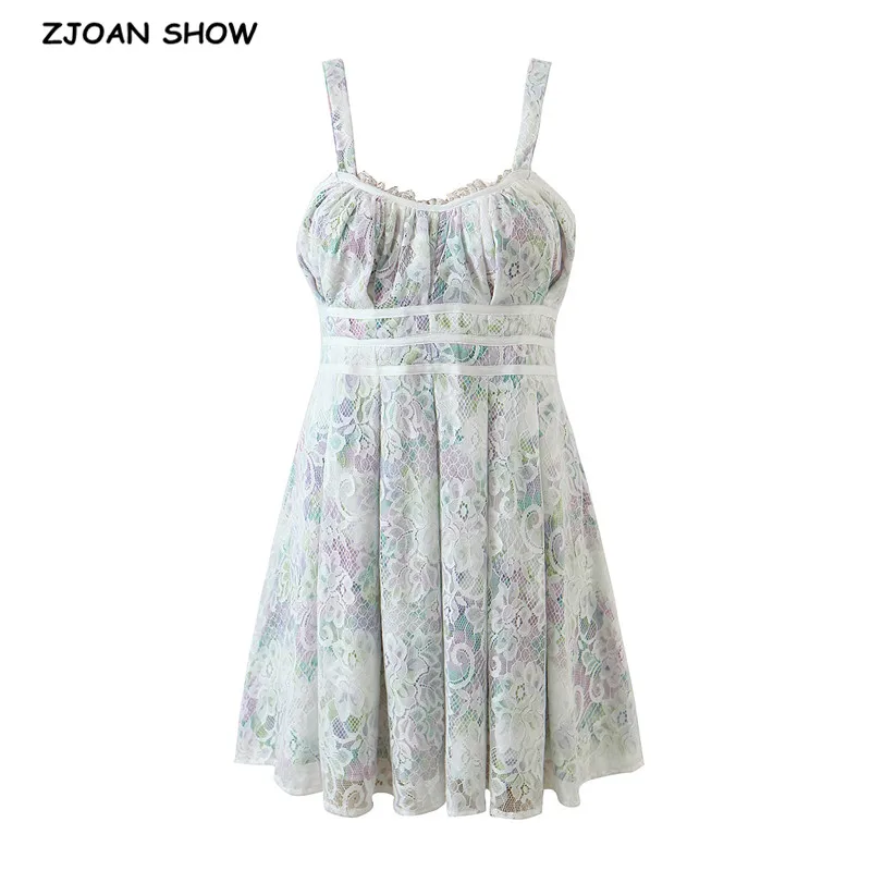 

2021 праздничное Летнее белое кружевное мини-платье на бретелях-спагетти с цветочным принтом, пикантное женское свободное платье в стиле рет...