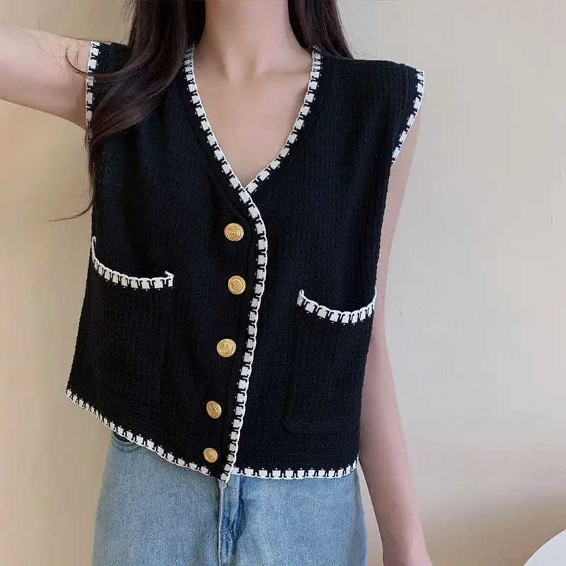

2021 temperament new knitted vest ladies spring fashion casual sweater cardigan sleeveless all-match western-style top