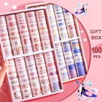 100pcsset kawaii pinkblue decorative adhesive tape masking washi tape diy scrapbooking sticker label stationery with gift box