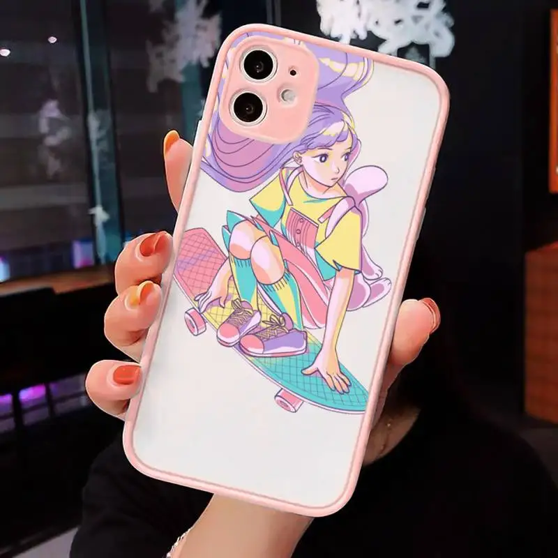 

Skateboard cartoon girl Phone Case Matte Transparent for iPhone 7 8 11 12 s mini pro X XS XR MAX Plus cover funda
