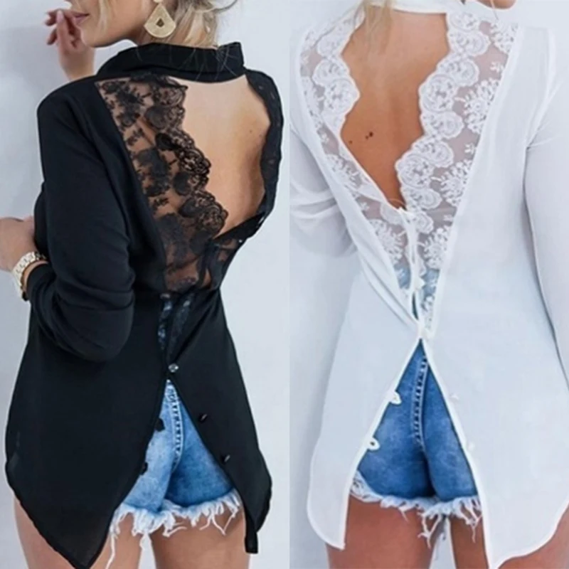 Блузка с отложным воротником Женская Сексуальная рубашка открытой спиной