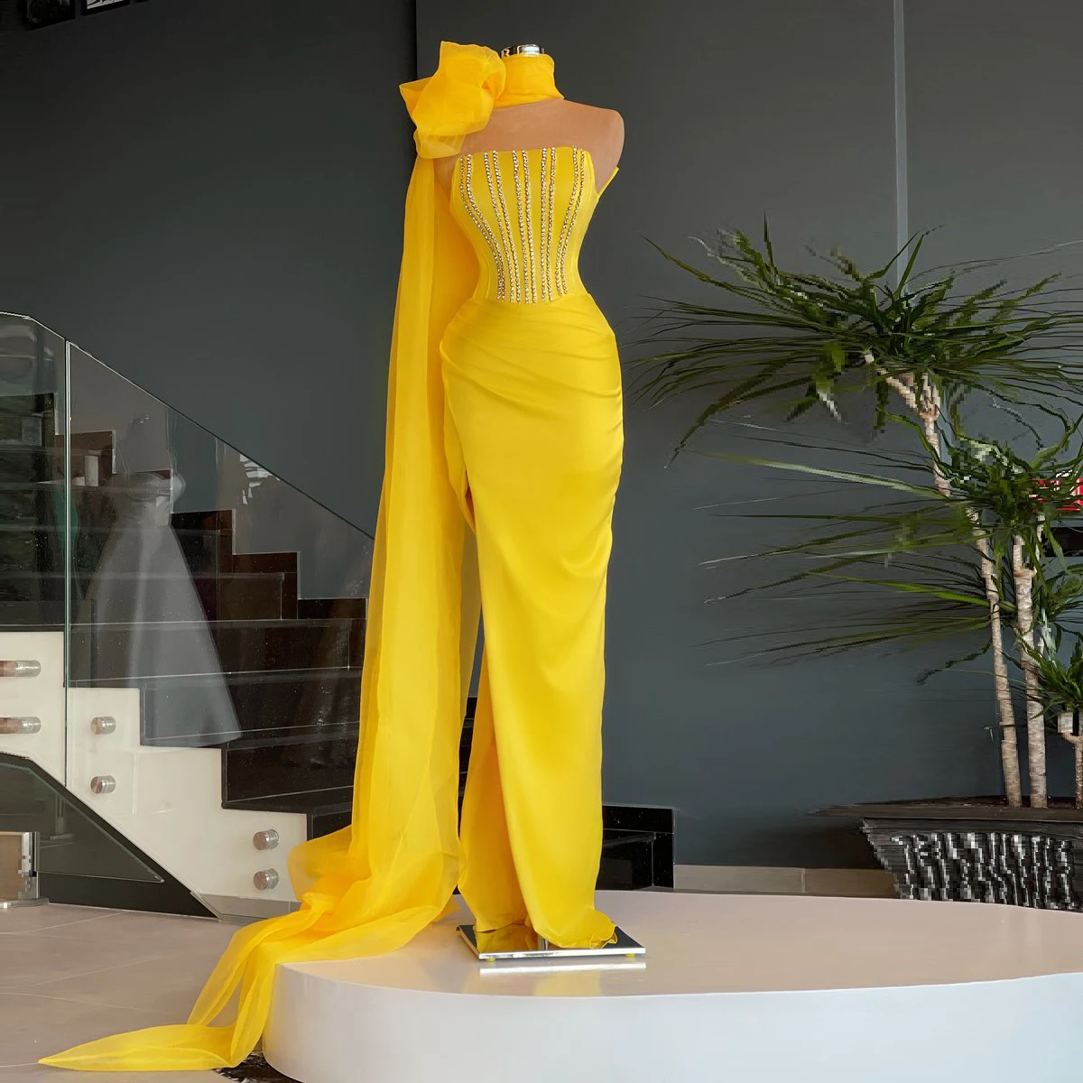 

Женское атласное платье-русалка, Длинное Элегантное платье без бретелек, с разрезом, без рукавов, с кристаллами, цвет лимоно-желтый, 2022