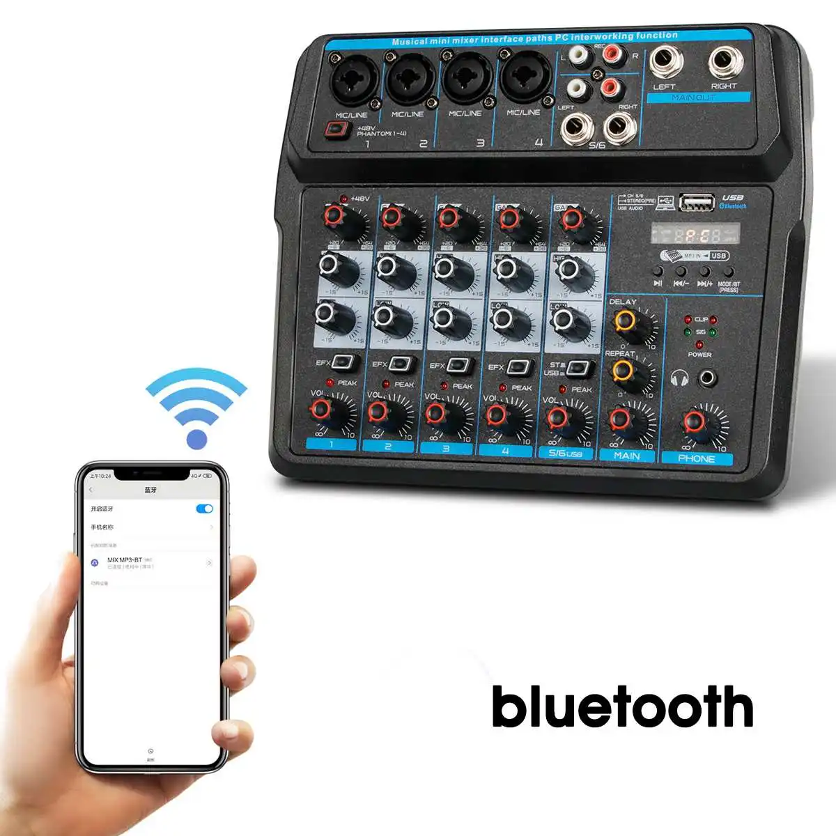 6 канальный аудиомикшер с Bluetooth светодиодный цифровой дисплей USB DJ звуковая