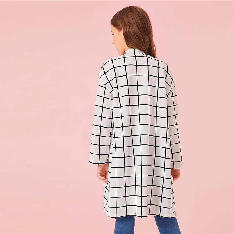 SHEIN Kiddie White Plaid Print Girls Open Front Long Coat Kids Clothes Autumn Long Sleeve Casual Coats For Children