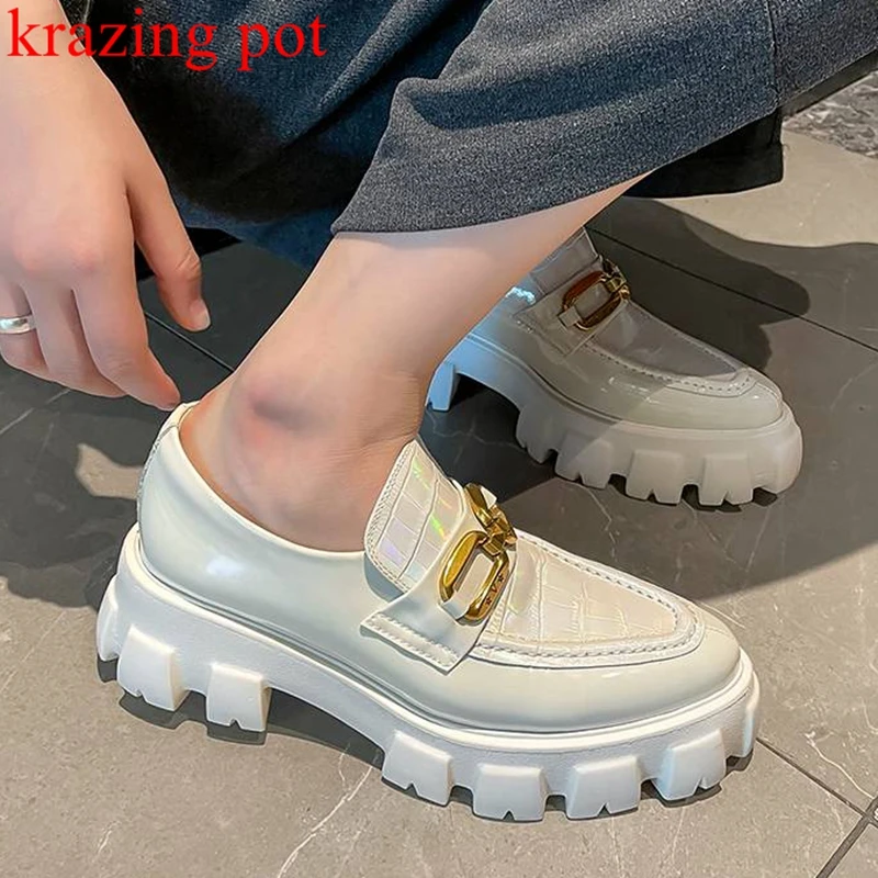 

Krazing pot full grain leather white sneakers leisure pointed toe slip on platform metal square button casual vulcanized shoes