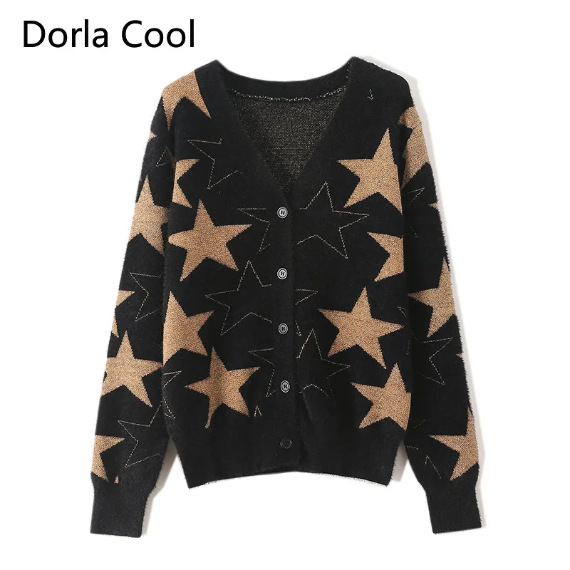 

High Quality Women Mohair Cardigans Stars Jacquard V-neck Knitted Outerwear Coat College Girl's Chic Sweaters Loose Soft Clothes