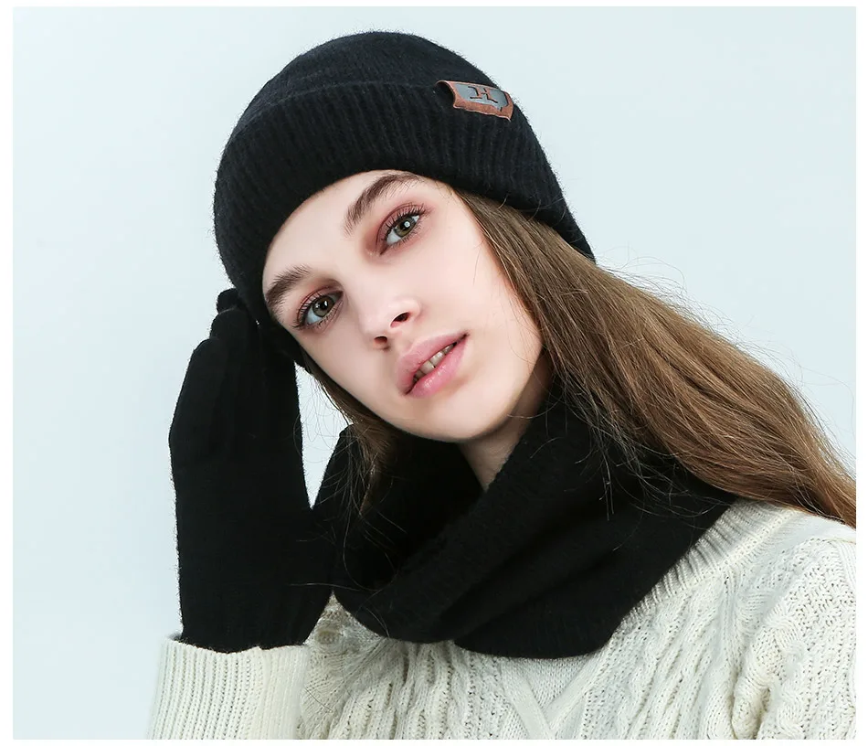 Evrfelan New Warm Winter Hat Scarf Gloves Set Women Men Thick Touch Screen Gloves Thick Soft Beanies Hat Ring Scarf Unisex
