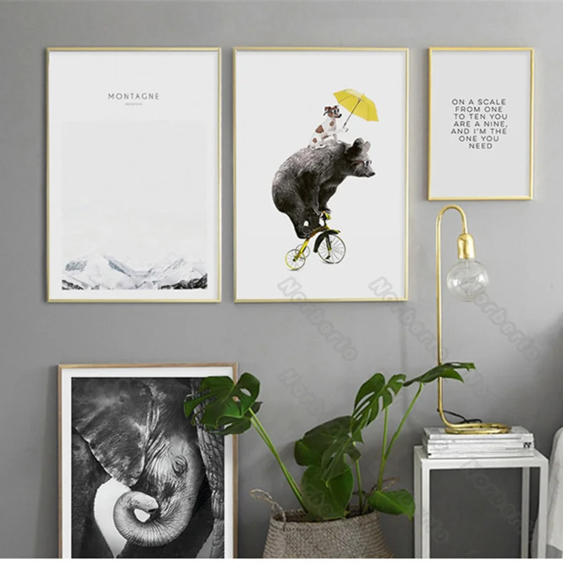 

Canvas Painting Poster Black and White Animal Photoes Elephant Bear Dog Simple Quota Snow Mountain for Home Rooms Wall Decoratio