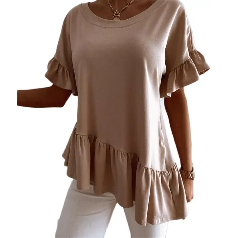 

New Women Loose Style Summer Clothes Ruffled Women Shirts Fashion Solid Color Irregular Tops Drop Shipping