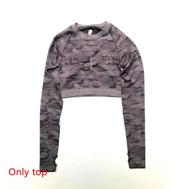 Purple top 2 шт., камуфляжный бесшовный комплект для йоги, женская одежда для фитнеса, спортивная одежда, укороченные топы с длинными рукавами+ леггинсы с высокой талией, спортивные костюмы для спортзала - Цвет: Purple top