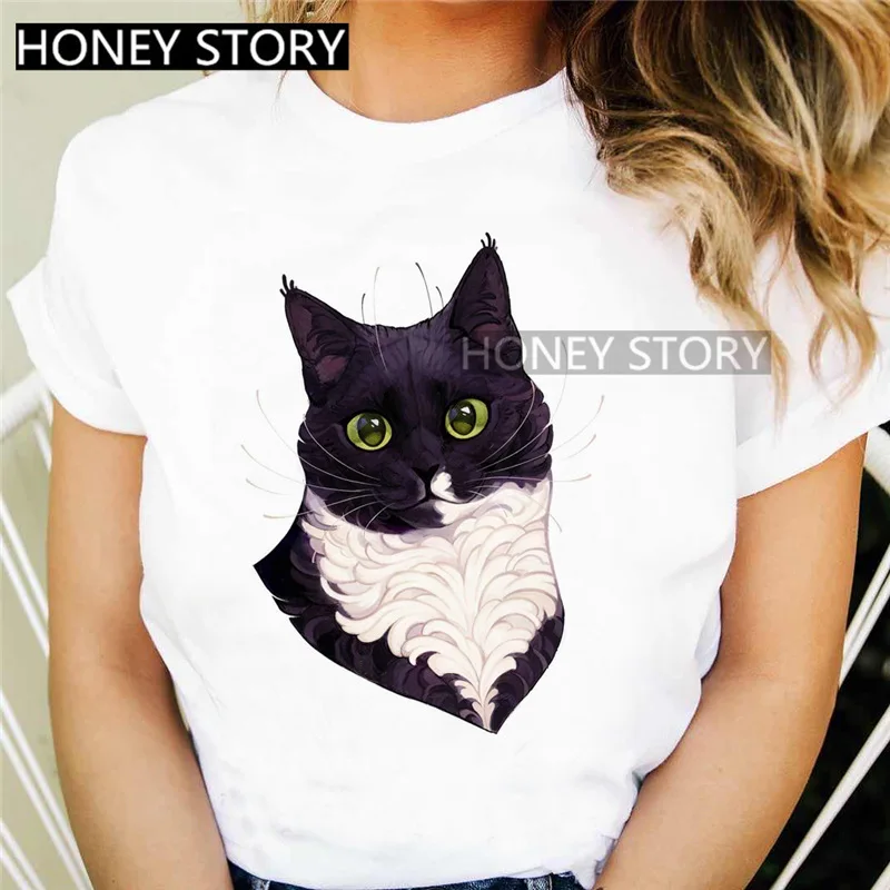 

2021 Summer Short Sleeve Women T-shirt Cartoon Cute Cat Print Tee Shirt Funny Graphic Female Tshirt Casual White Soft Lady Tops