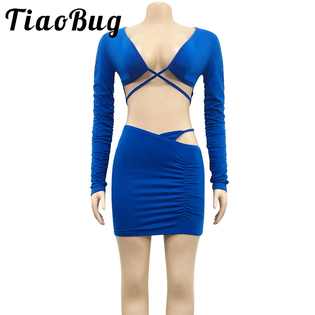 

Women Pleated Sexy Dress 2Pcs Sets Autumn Crop Top T Shirts with Irregular High Waist Slim Fit Mini Skirt Outfits Party Clubwear