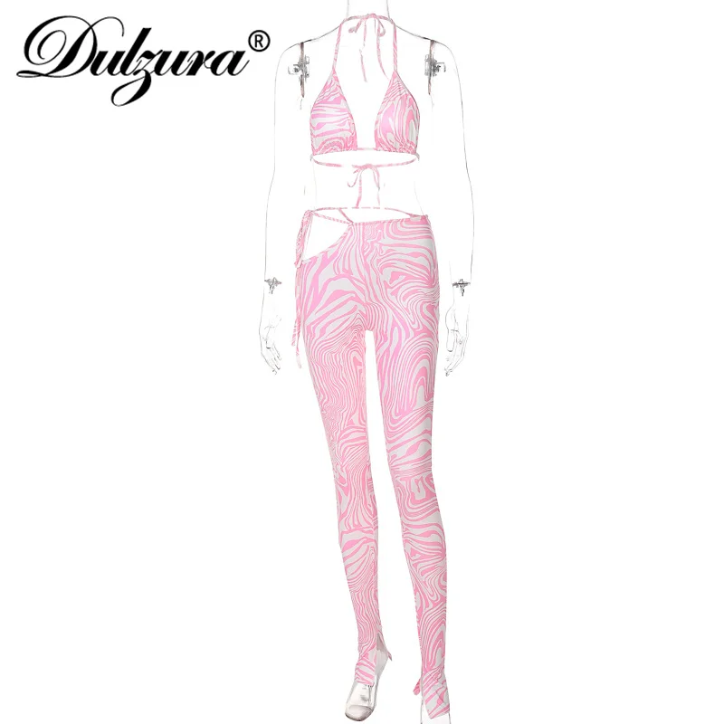 

Dulzura Tie Dye Print Women 2 Pieces Halter Bra Hollow Out Leggings Set Bodycon Sexy Streetwear Casual 2021 Summer Tracksuit