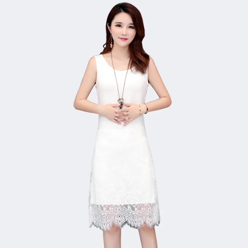 

White Dress Sexy Women summer Knee-Length Lace Dress fashion O-Neck Sleeveless Dress