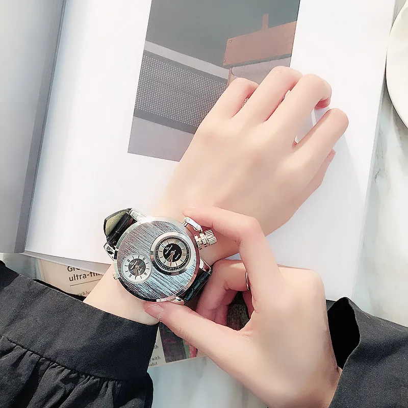 Крутые серебряные мужские часы с двойным дисплеем металлическим циферблатом