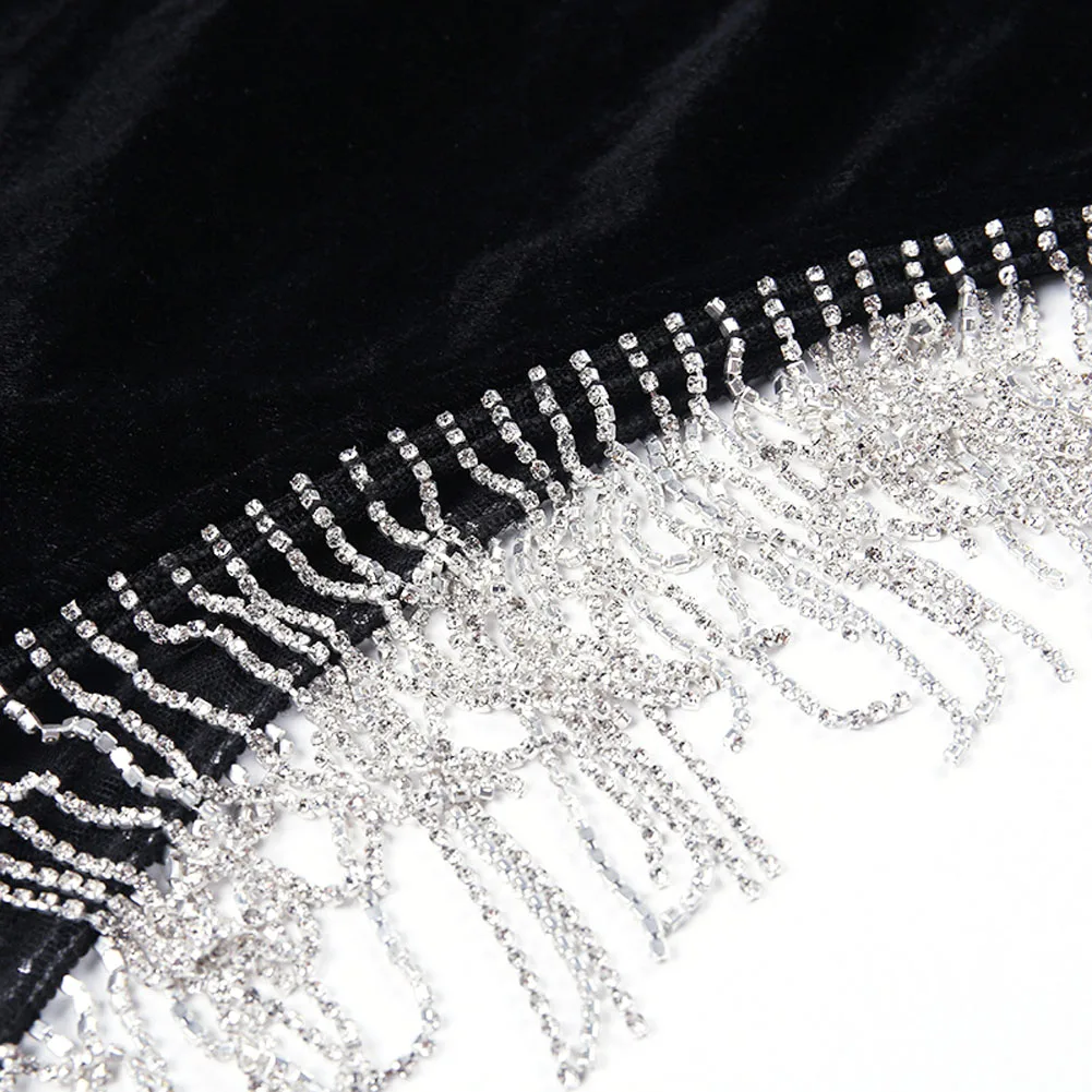 

Women Sexy One Shoulder Halter Diamonds Tassel Velvet Short Dress Lady Casual Long Sleeve High Waist Bodycon Party Mini Dress