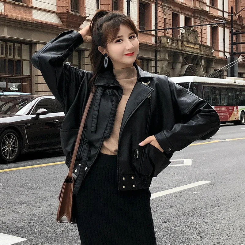 

Oversize Women Faux Leather Jacket Batwing Sleeve Moto Biker Coat Short Zipper PU black Jacket Spring Street Leather Coat
