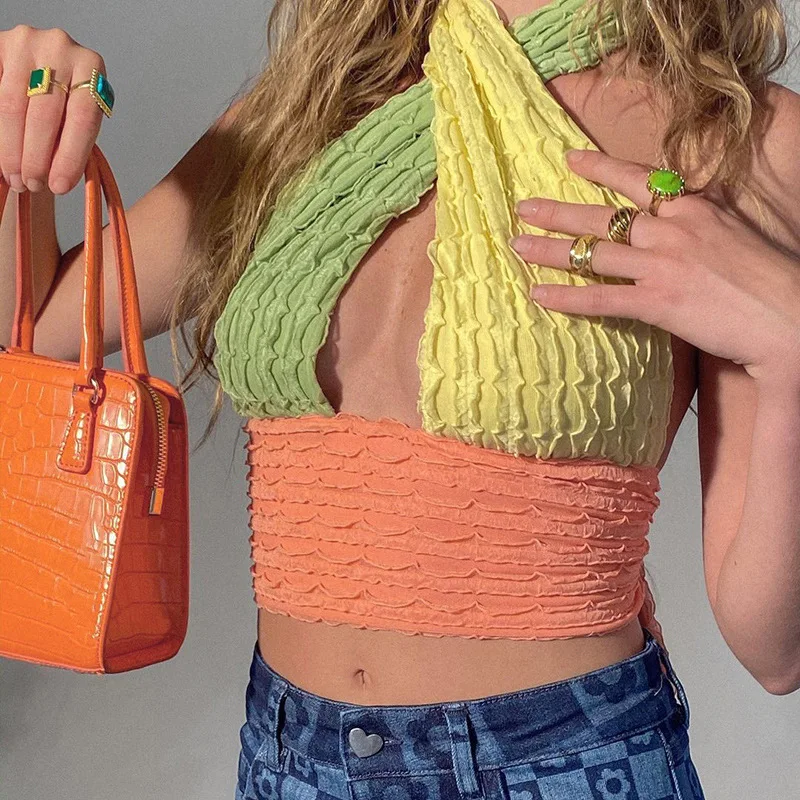 

Knitted Ruffle Halter Crop Tops Women Sleeveless Backless Hollow Out Tank Top Sexy Summer Streetwear Colorful Cropped Camisole