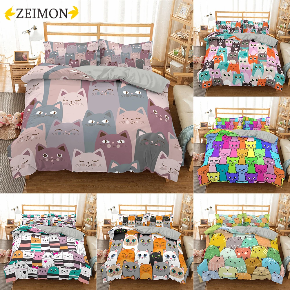 

ZEIMON Cartoon Cat Duvet Cover Set Animal Kitten Print 3D Bedding Set With Pillowcase 2/3Pcs Comforter Cover For Bedroom Decor