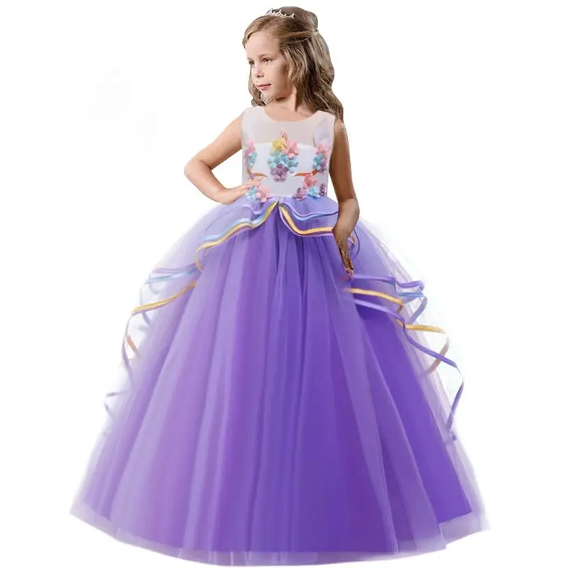 Rainbow Unicorn Cosplay Girl Dress Party Elegant Flower Lace Long Tutu Formal Ball Gown Princess Baby Dresses 5 7 8 12 14 Years | Детская
