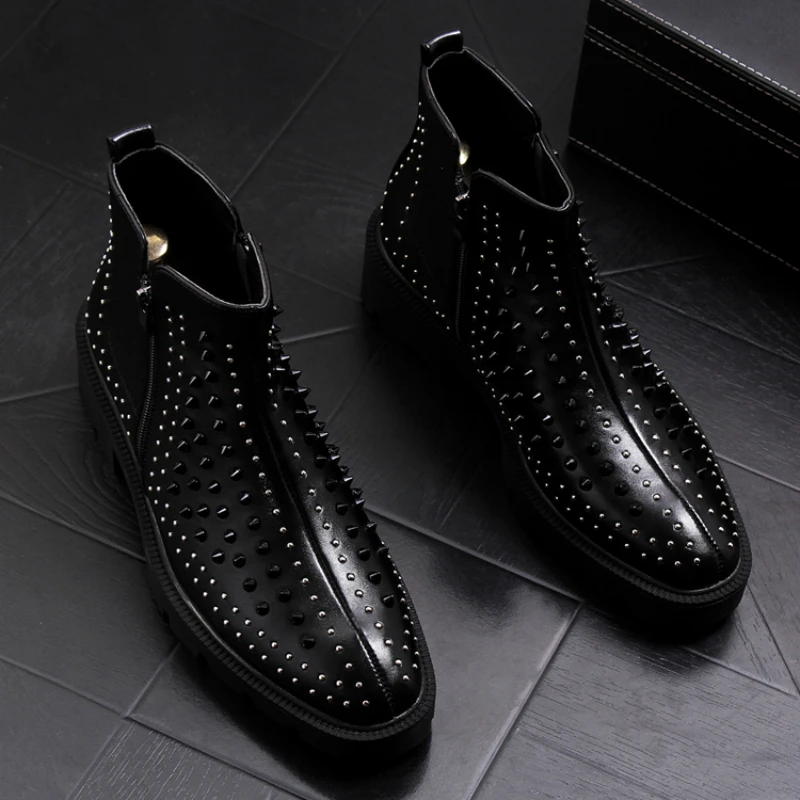 

men luxury fashion punk nightclub dresses cow leather boots platform rivets shoes personality chelsea boot ankle botas zapatos
